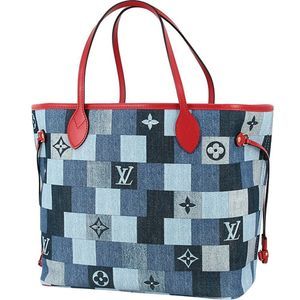 Neverfull Denim Patchwork Damier Blue Navy Red MM Tote Bag Shoulder Bag Handbag
